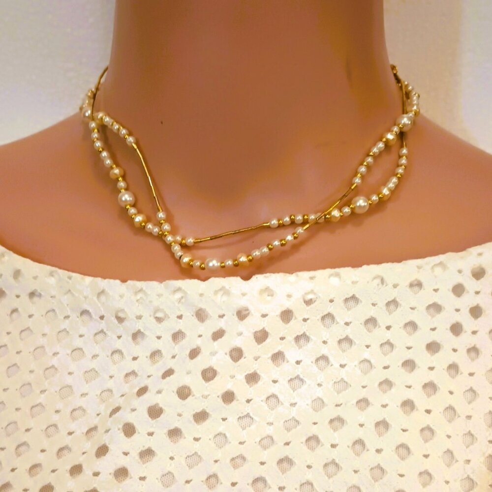Twisted Double Strand Pearl Necklace 17" Gold Tone Dainty Collar Jewelry